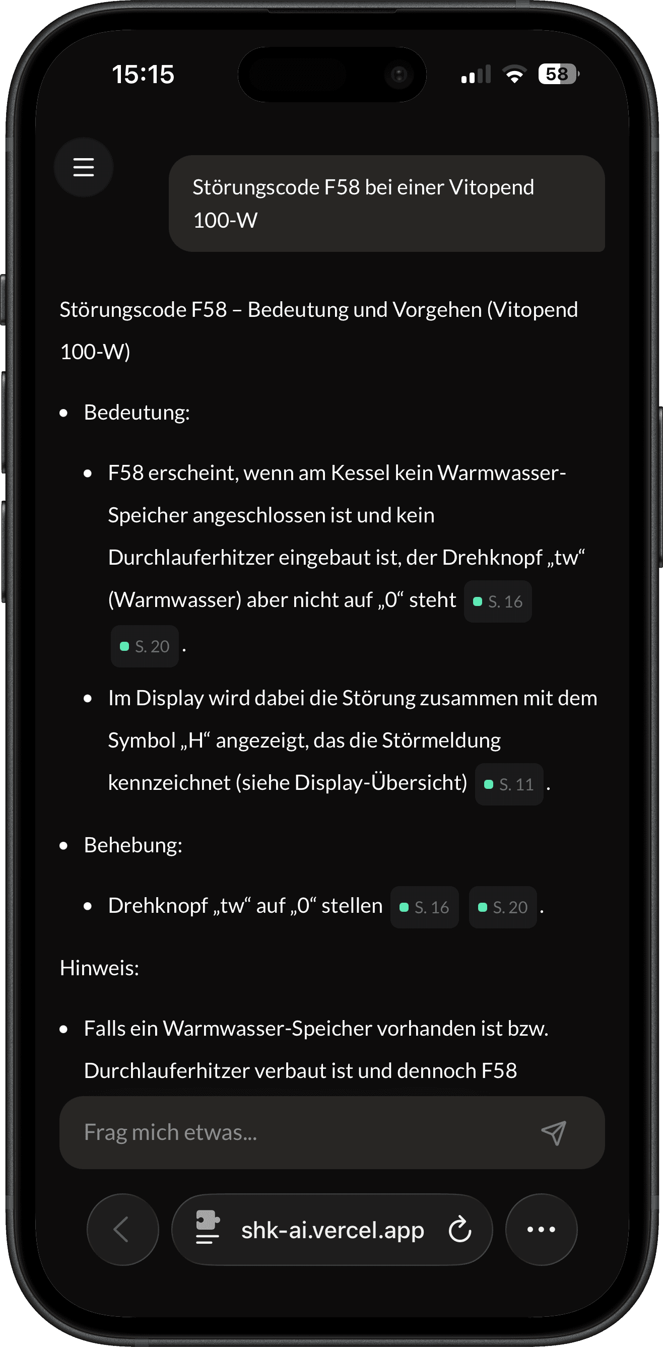 SHK-AI-Chat auf dem Smartphone mit Antwort und Seitenquellen